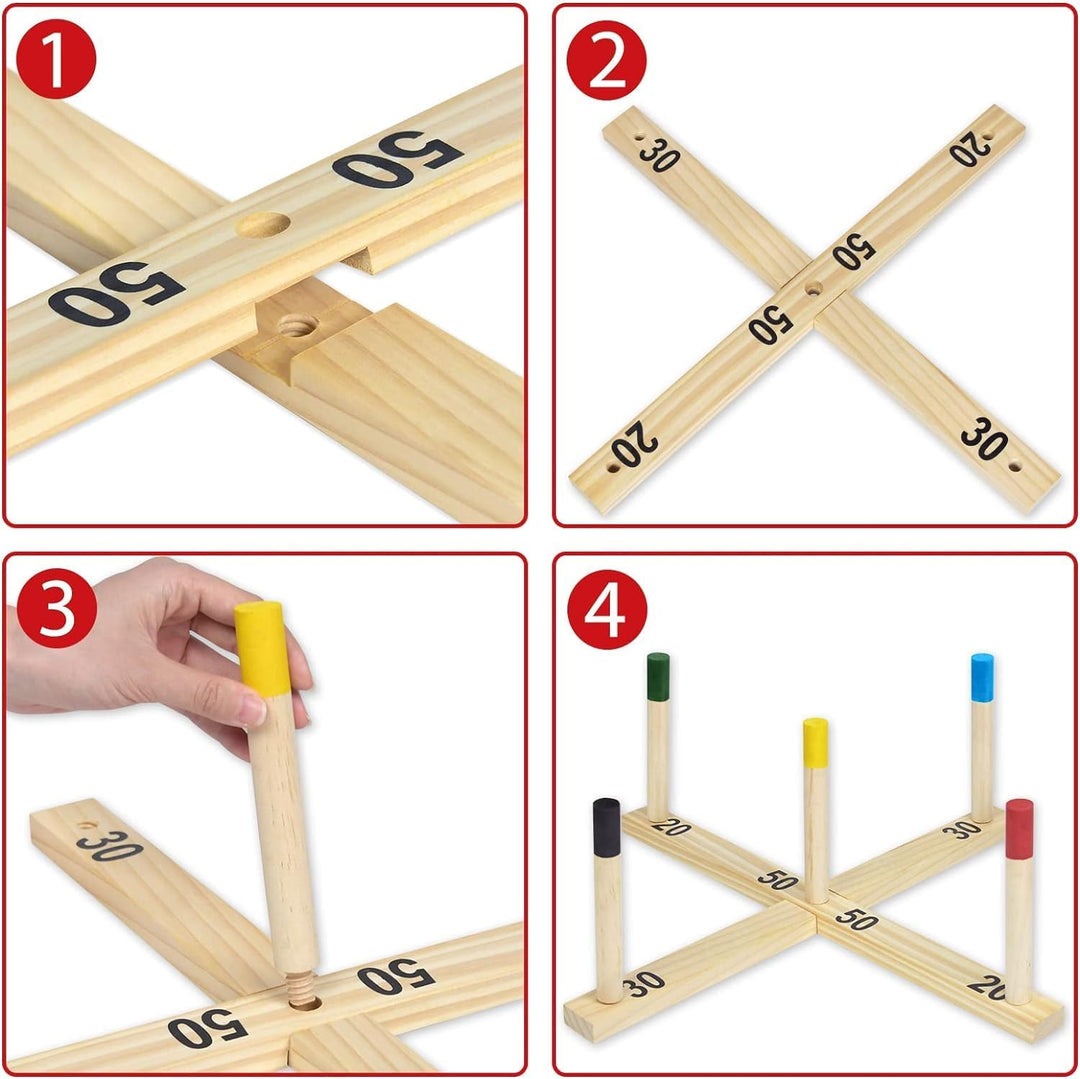 Aufun Ringwurfspiel aus Holz Wurfspiel Set mit 5 Wurfringe und 5 Spielstäben, Holzspiel Gartenspielz