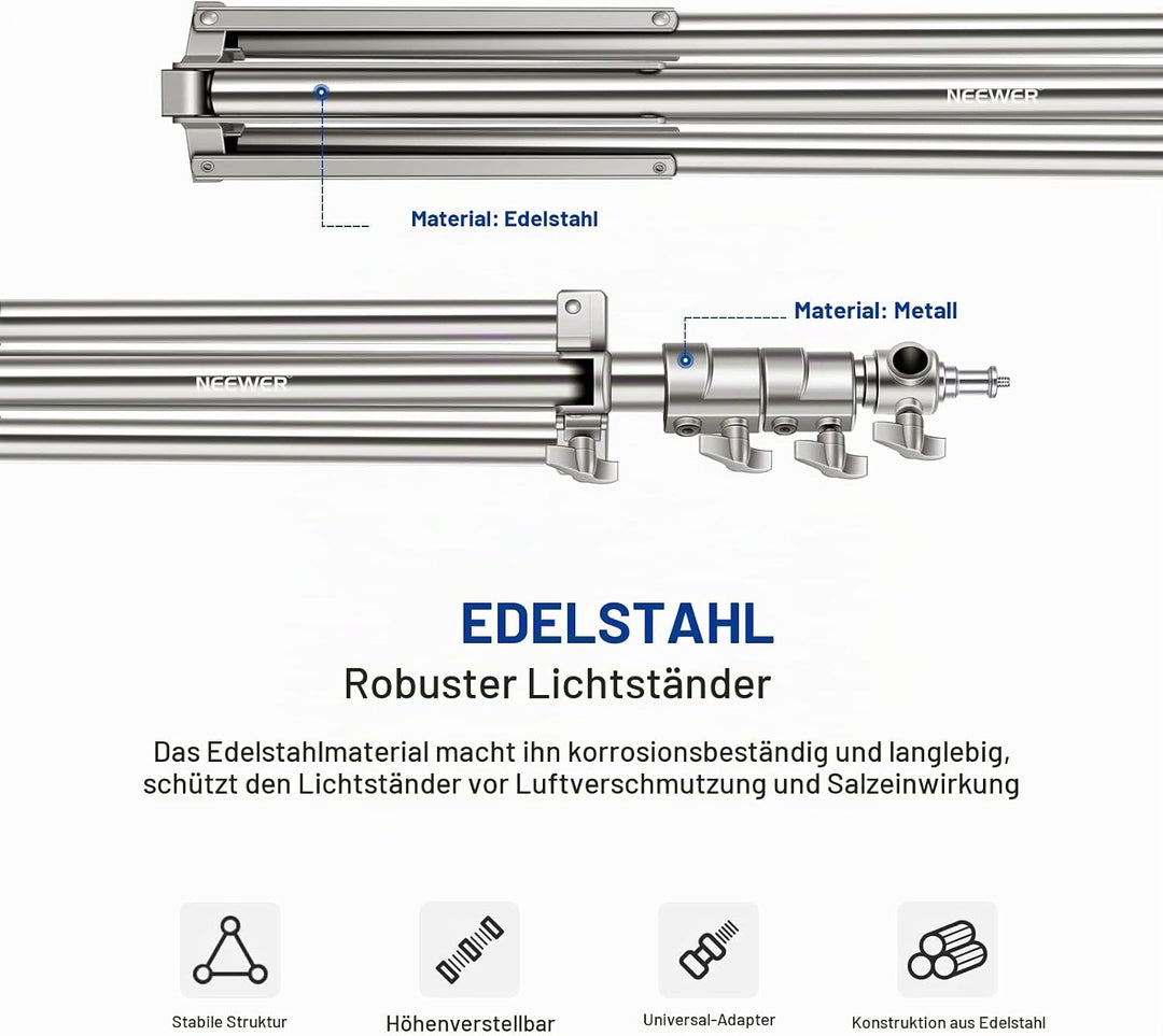 NEEWER 7,2Fuss/2,2m Edelstahl Lichtständer,gefederter Hochleistungs Stativständer für Fotografie mit