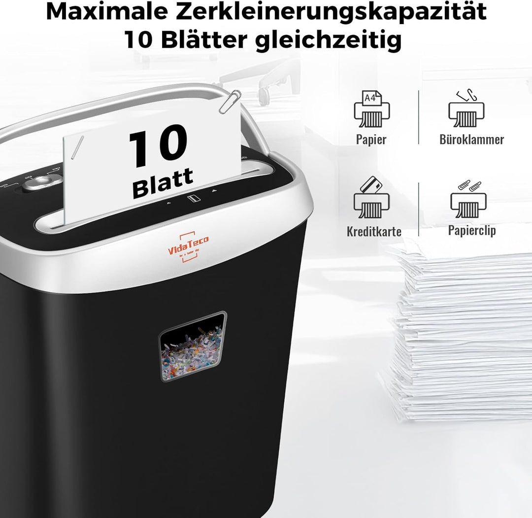 Schredder Aktenvernichter, VidaTeco 10 Blatt Kreuzschnitt Papierschredder für Kreditkarten/Heftklamm