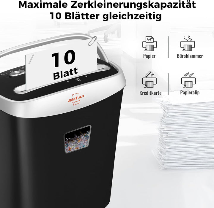 Schredder Aktenvernichter, VidaTeco 10 Blatt Kreuzschnitt Papierschredder für Kreditkarten/Heftklamm