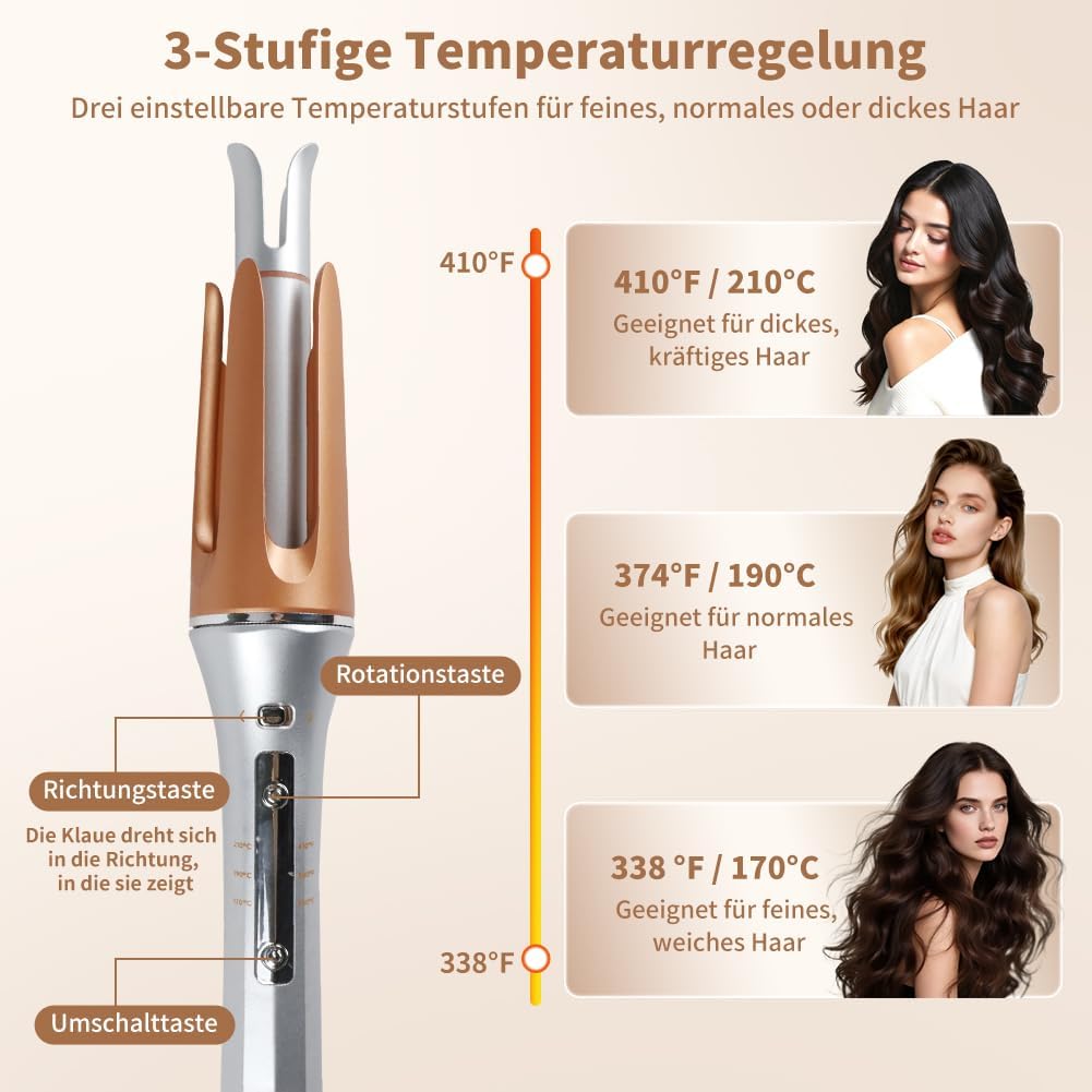 Aohcae automatischer lockenstab, 3 Temperaturstufen (170-210°C) lockenwickler aufheizbar, 25mm hair