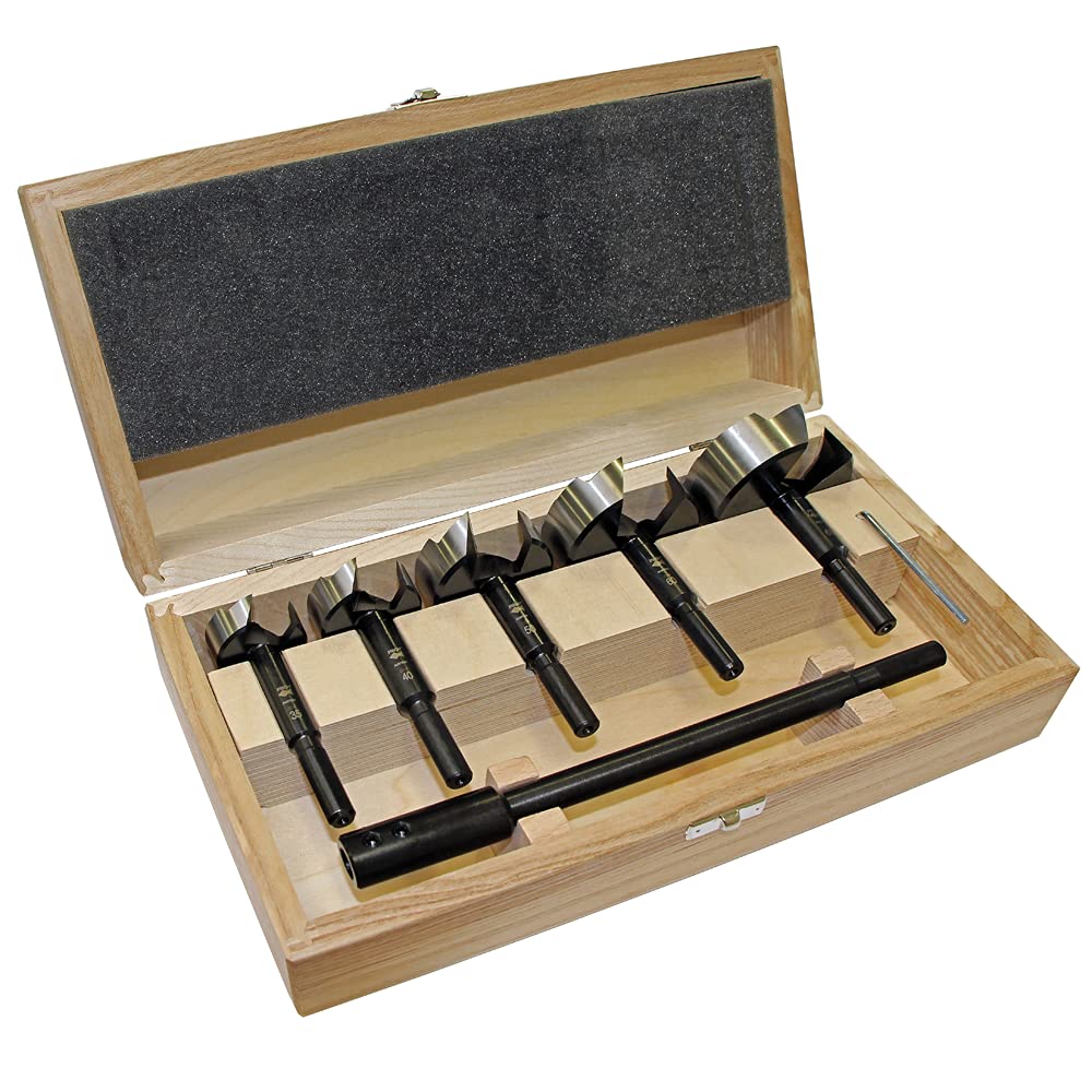Black Shark Pro Forstnerbohrer Set 6 tlg., Ø 35-40-50-60-68 mm, Länge 90 mm, in einer Holzkassette