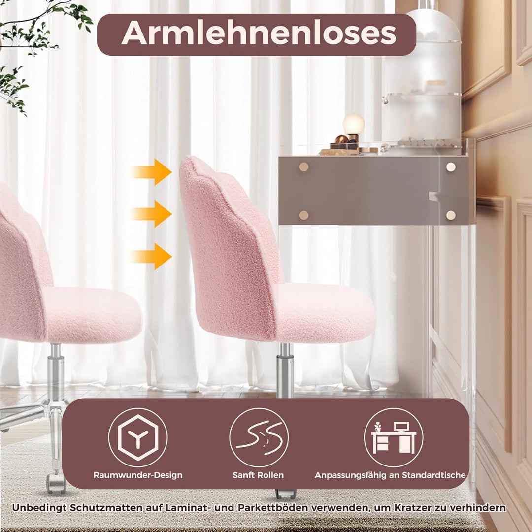 Schminktisch Stuhl mit Rollen, Drehstuhl für Mädchen, Muschelstuhl für Schlafzimmer und Home Office,