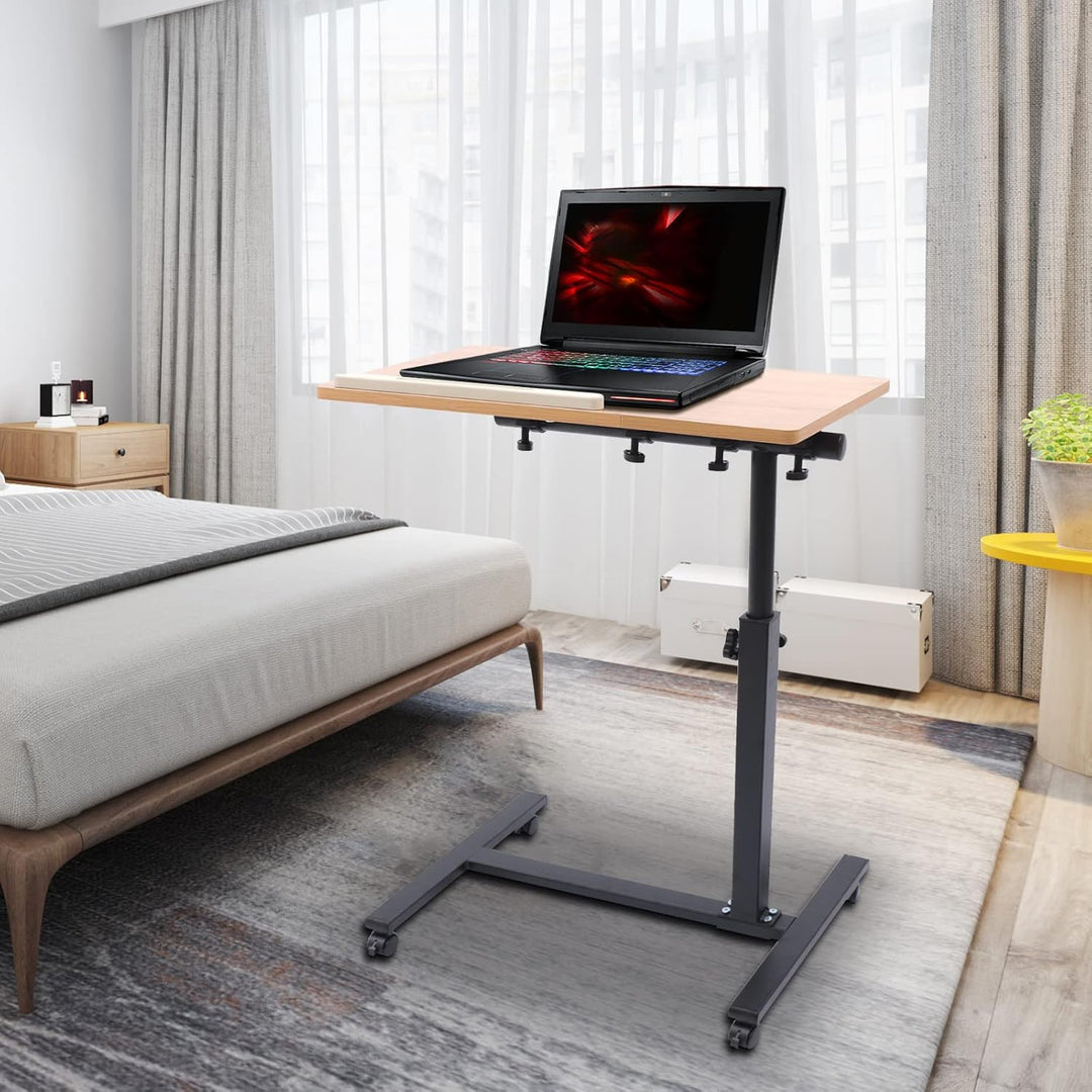 Laptoptisch höhenverstellbar, Beistelltisch mit Rollen, Laptopständer Holz, drehbar, Tisch für Bettl