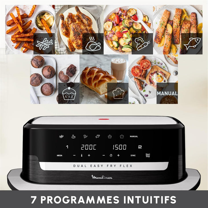 Moulinex Dual Easy Fry Flex, Luftfritteuse mit FlexCook Trennwand, 9 l Fassungsvermögen für bis zu 8