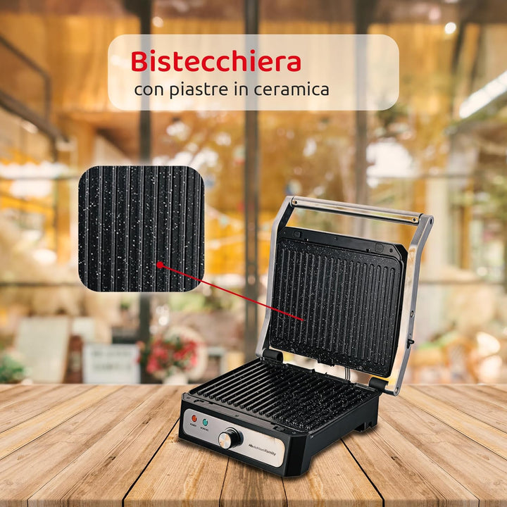 Melchioni Family Elektrische Grillpfanne mit abnehmbaren Keramikplatten, IRIS, Öffnung um 180 °, Pla