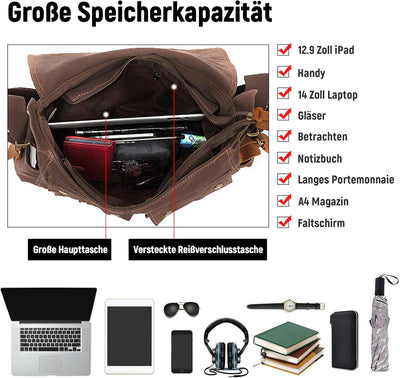 VARLIVOO Umhängetasche für Herren Schultertaschen 14" Zoll Laptoptaschen Messenger Bags Kuriertasche