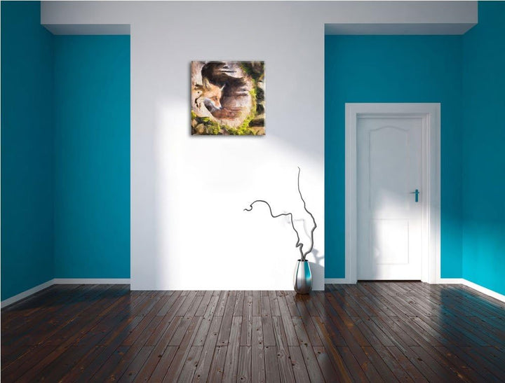 schöner Fuchs im Baumstamm, Format: 70x70 auf Leinwand, XXL riesige Bilder fertig gerahmt mit Keilra
