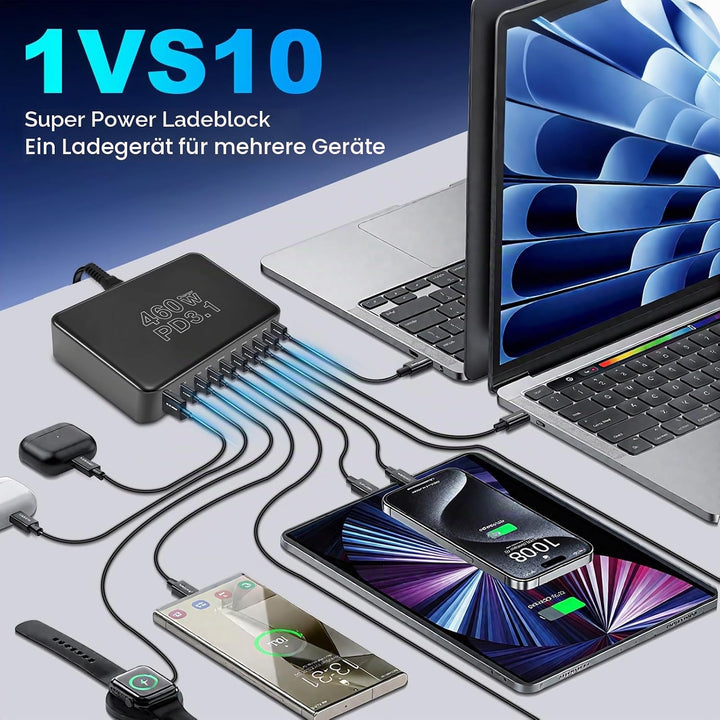 460W USB C Ladegerät Mehrfach, 10-Port Laptop Schnellladegerät Ladestation PD 3.1 100W/45W/35W/20W (