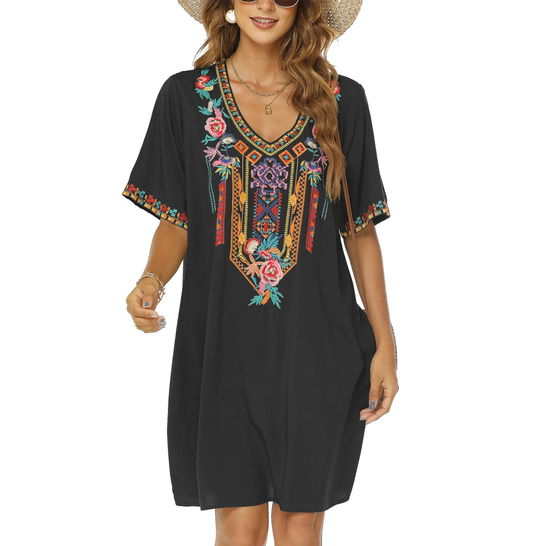 Vakakado Frauen Sommer Boho Mexican Peasant Dress Kurzarm Floral Bestickte Flowy Kleider Lose Hippie