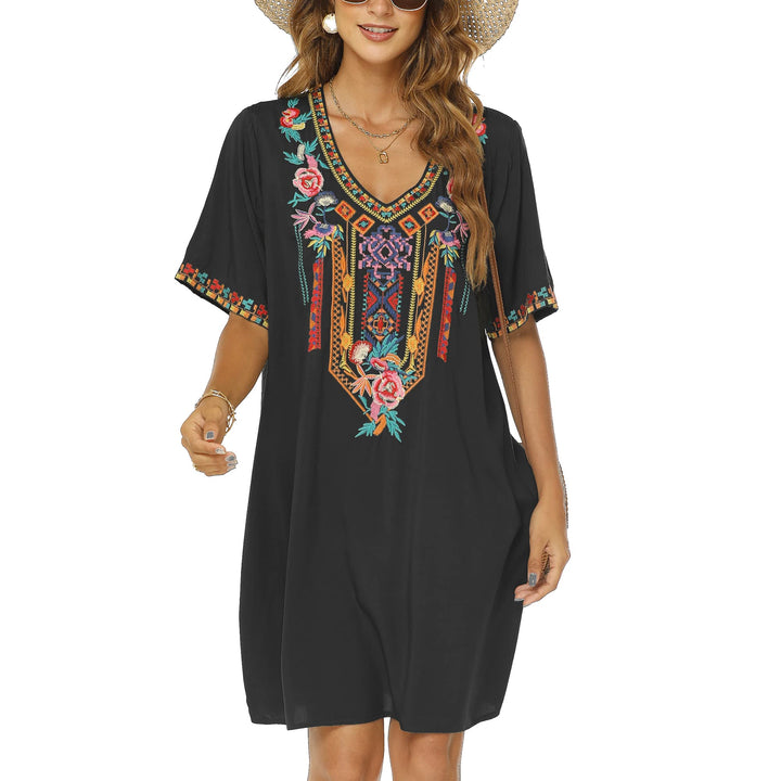 Vakakado Frauen Sommer Boho Mexican Peasant Dress Kurzarm Floral Bestickte Flowy Kleider Lose Hippie