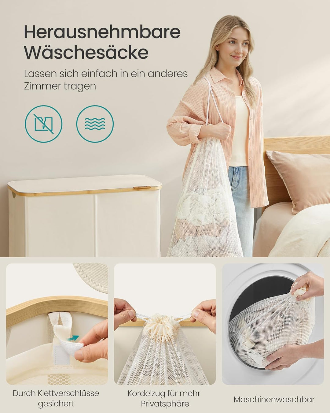 SONGMICS Wäschekorb mit Deckel, Wäschesammler mit 4 Fächern, 200 L, herausnehmbarer Wäschesack, Oxfo
