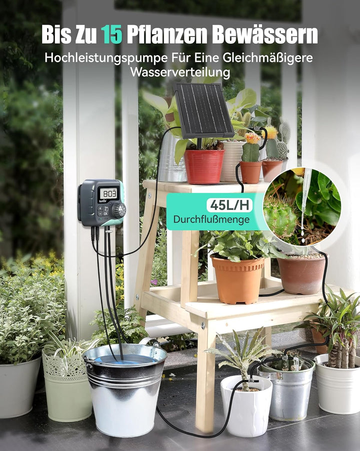 RAINPOINT Solar Bewässerungssystem, 45L/H Automatische Solar Bewässerung mit Programmierbarem Timer,