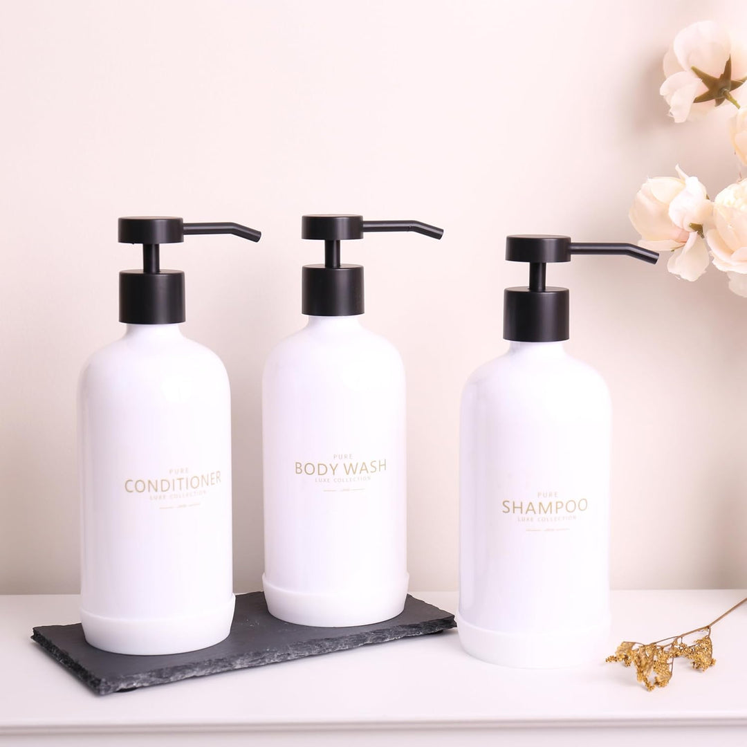 Shampoo- und Spülungsspender, Set mit 3 nachfüllbaren 600 ml Shampoo-Flaschen mit rutschfestem Silik