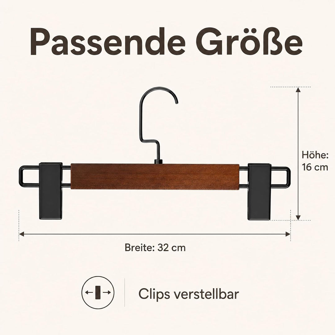 10 Stück Hosenbügel aus Umweltfreundlichem Naturholz, Rockbügel mit Verstellbaren Anti-Rutsch Clips
