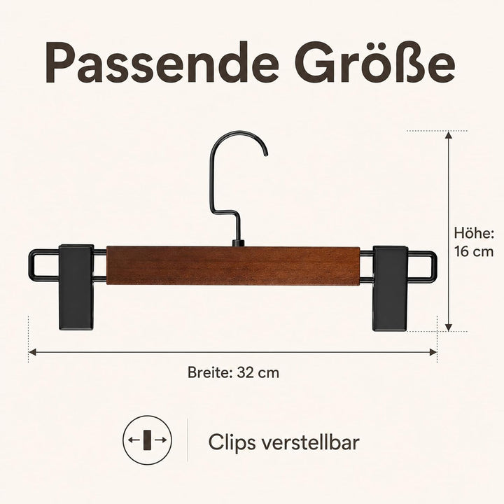 10 Stück Hosenbügel aus Umweltfreundlichem Naturholz, Rockbügel mit Verstellbaren Anti-Rutsch Clips