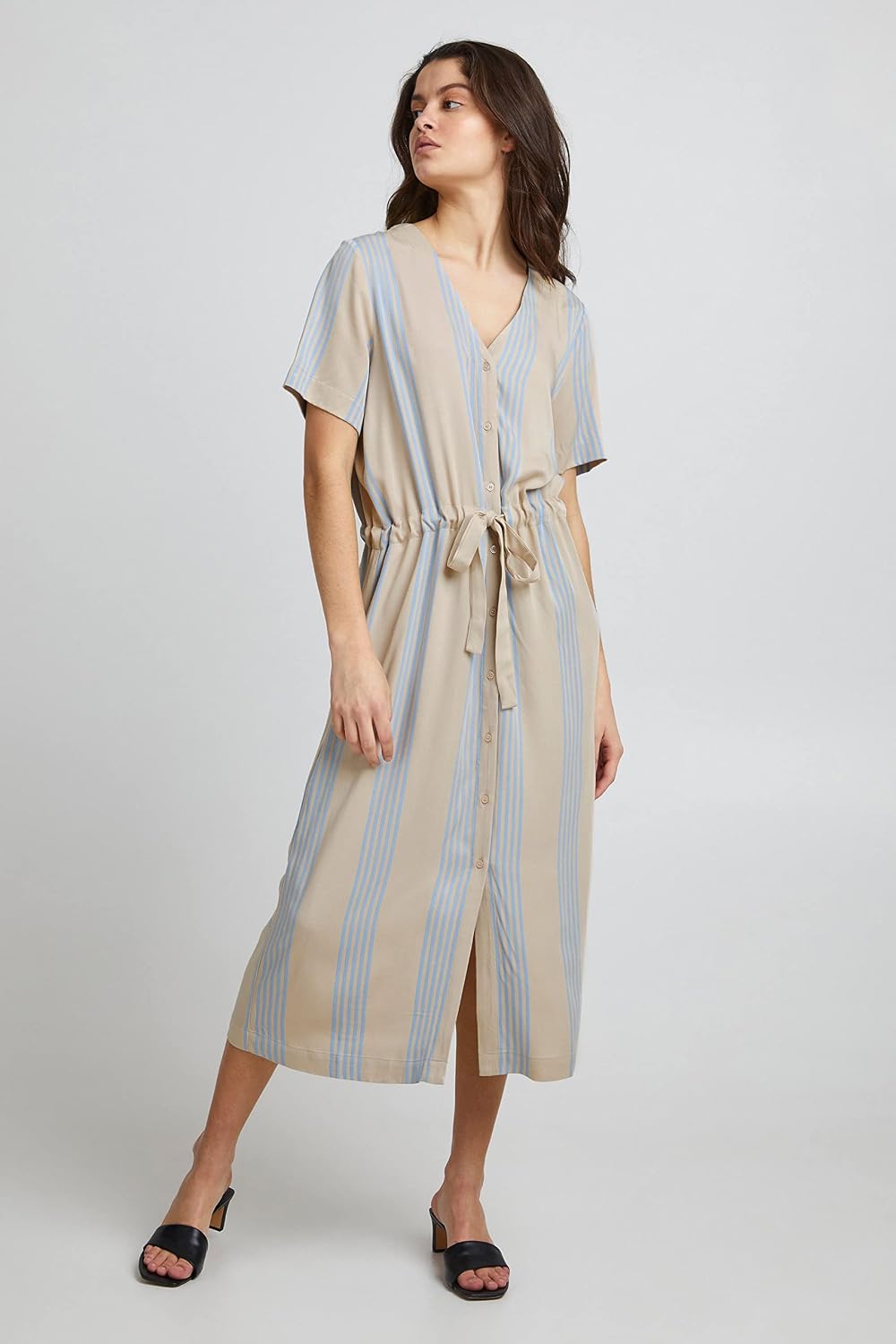 ICHI IHEA DRDamen Freizeitkleid Kleid mit V-Ausschnitt Kurzarm gestreift XL Doeskin (151308), XL Doe