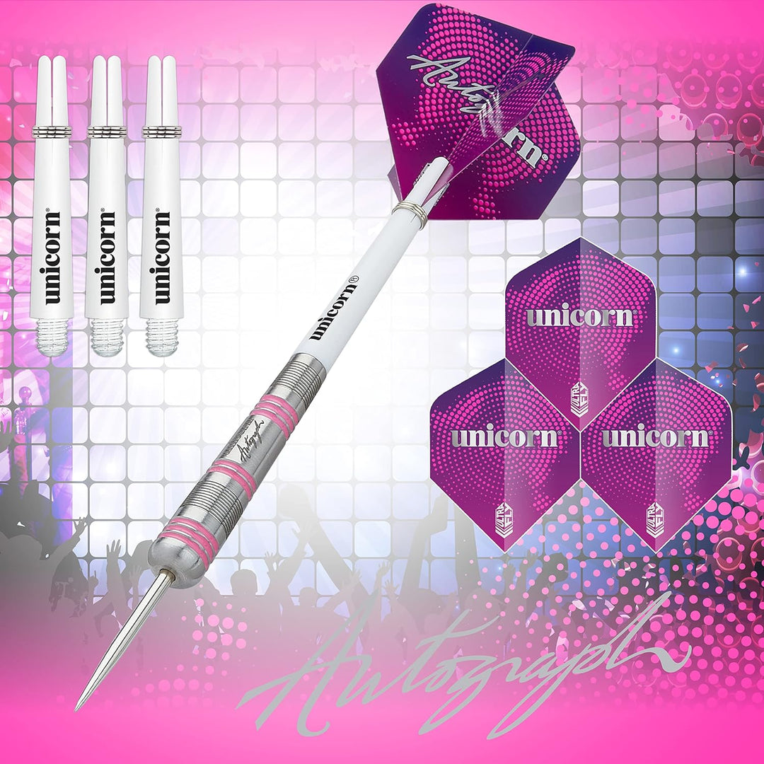 Unicorn Dartpfeile-Set aus Stahlspitze | Autogramm-Serie | 80% natürliche Wolfram-Schäfte mit rosa A