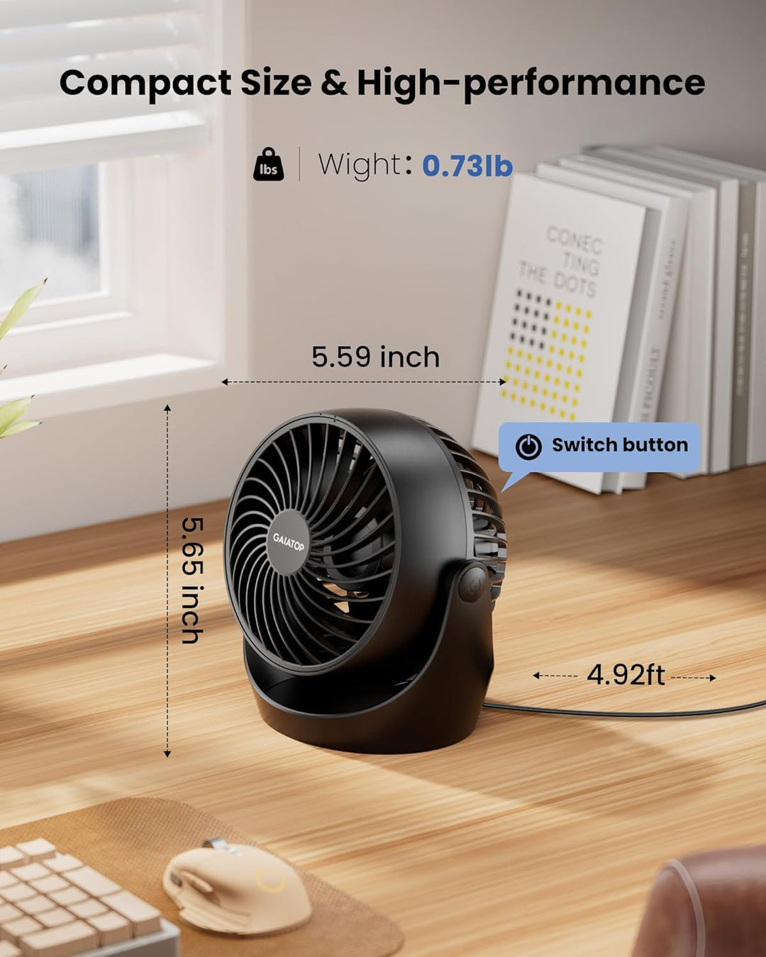 Gaiatop Tragbarer Tischventilator, 14 cm kleiner Elektrischer Ventilator mit 3 Geschwindigkeiten für