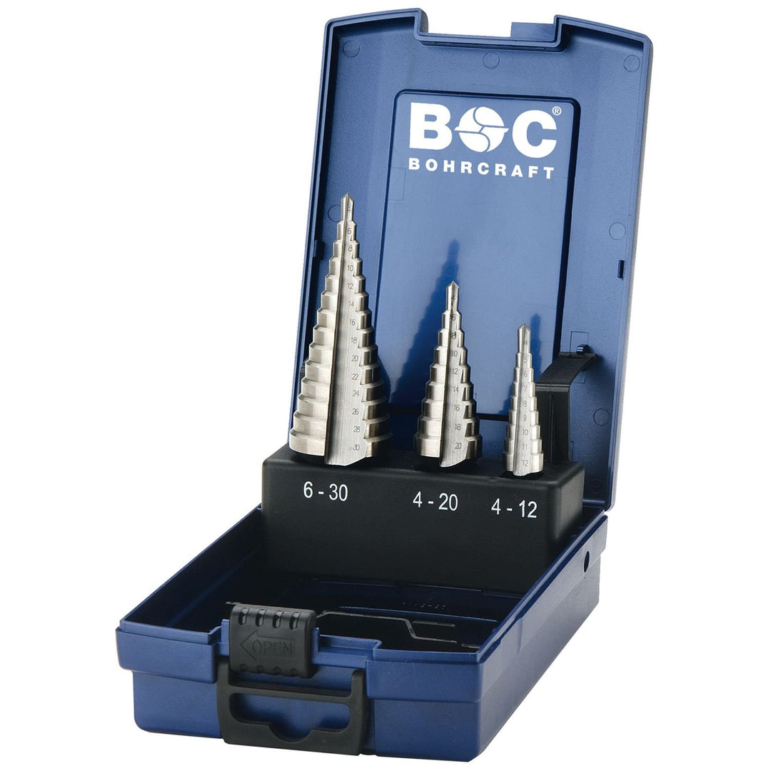 Bohrcraft Stufenbohrer Set HSS-G in ABS-Box STB3-K/Ø 4,0-30,0 mm / 3-teilig / 17601330003, Blau, sil