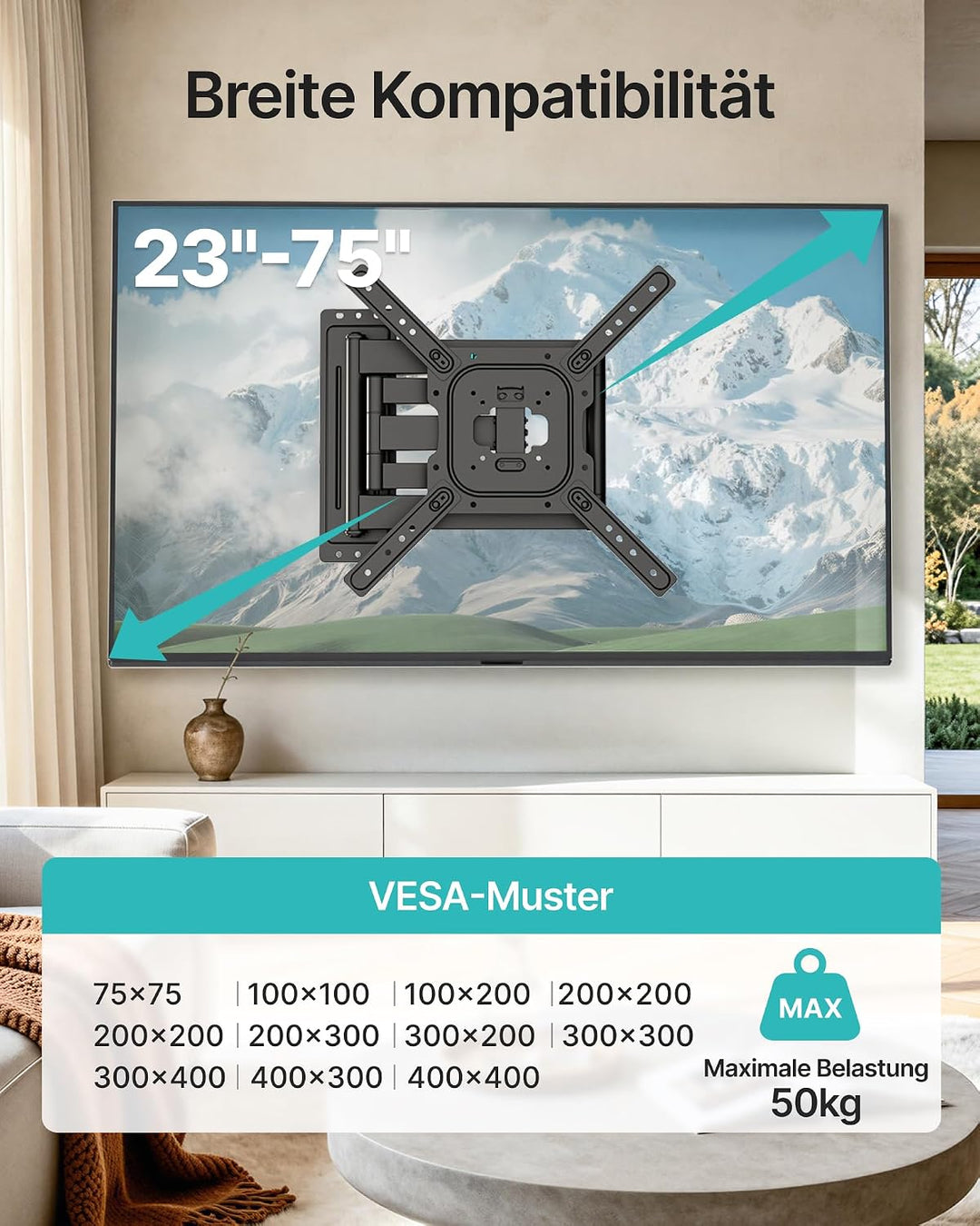 PEGZONE TV Wandhalterung Langarm 60-960mm 23-75" bis 50kg, VESA max.400x400 | Wandhalterung Fernsehe