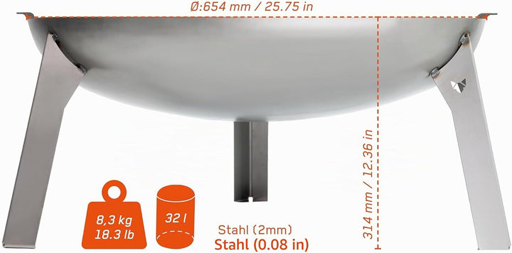 FENNEK Feuerschale 3 Pod | Grosse Feuerstelle aus massivem 2,0 mm Stahl | Ø 65 cm | Für Garten, Terr