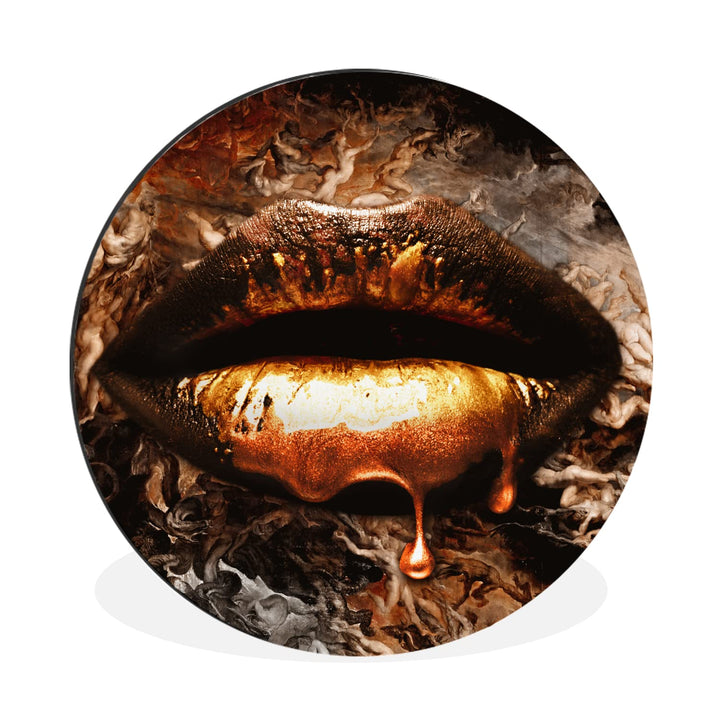 Wandbild Rund Wanddeko Deko Wohnzimmer Bilder 30x30 cm Gold - Lippen - Kunst - Gold - Luxus - Abstra