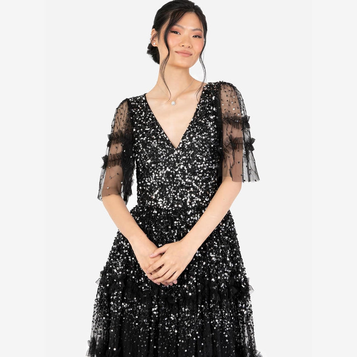 Maya Deluxe Damen Women's Maxi Dress Ladies V-Neck Sequin Embellished Ruffle Detail for Wedding Gues
