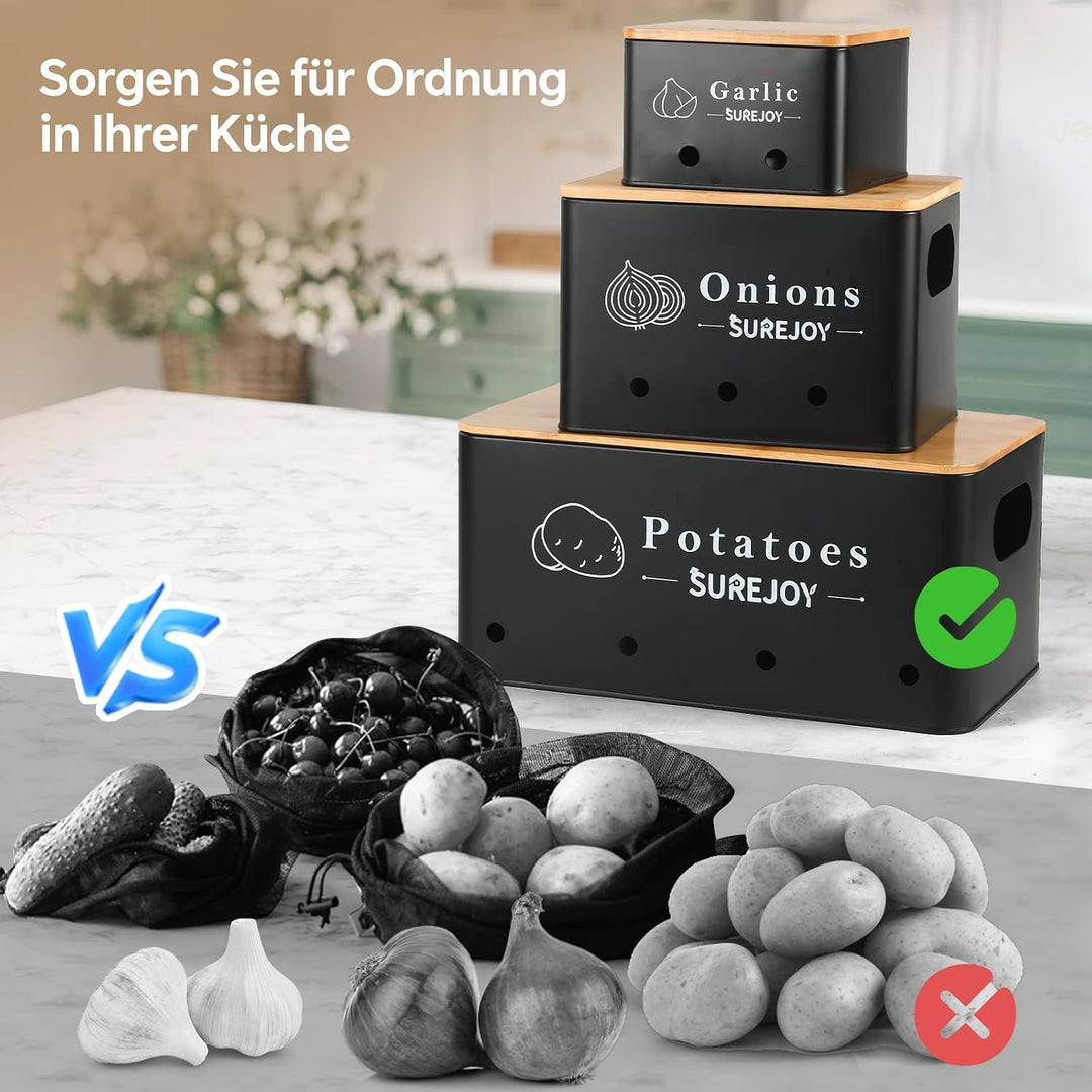 Kartoffel Aufbewahrungsbox 3er Set, Vorratsdosen für Zwiebel Knoblauch Aufbewahrung, Hält Gemüse Län