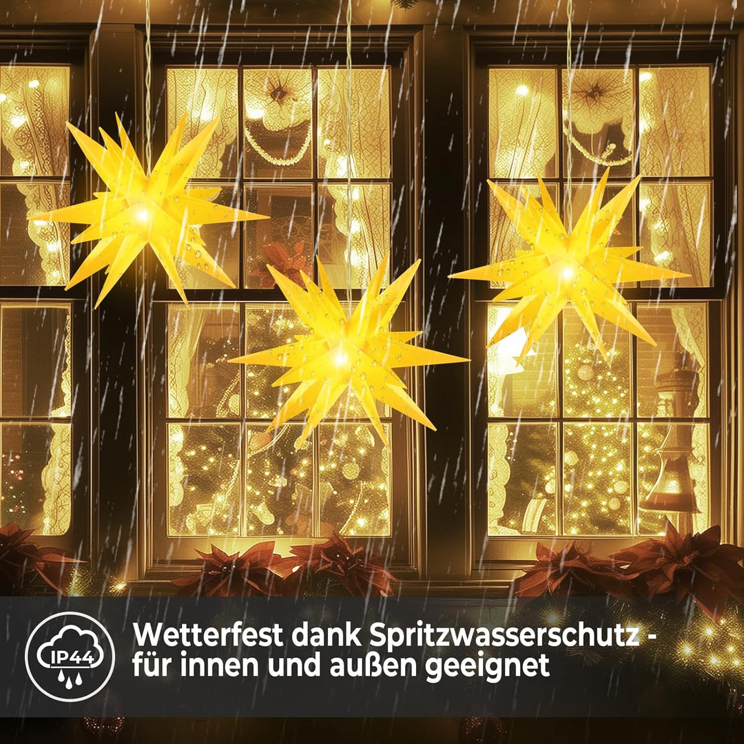 OVILUM Leuchtstern 3D mit LED Beleuchtung | gelb | |Ø 57 cm| 3D Stern mit 18 Spitzen | wetterfest |