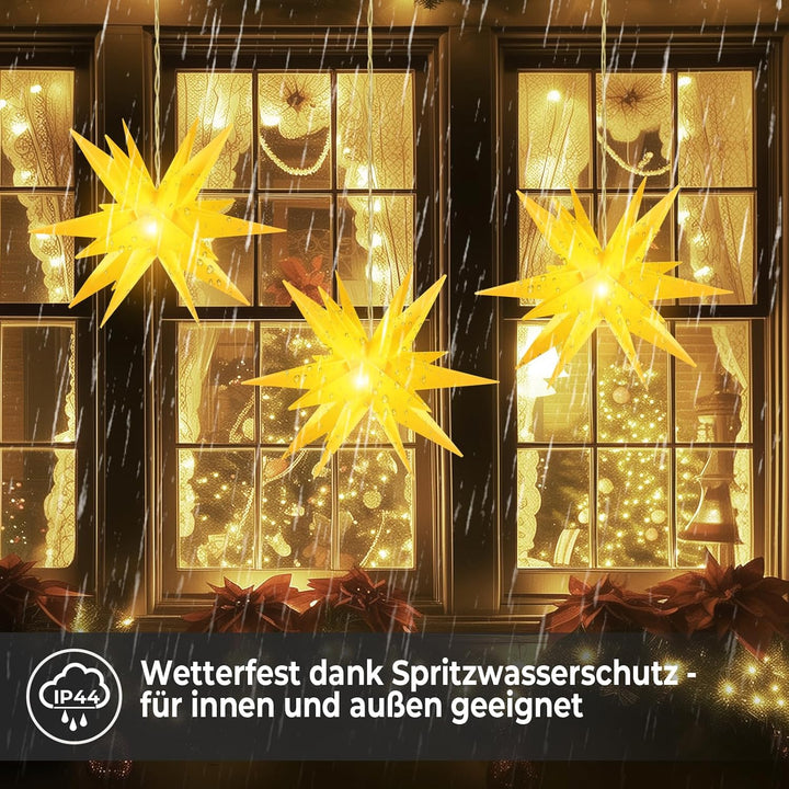 OVILUM Leuchtstern 3D mit LED Beleuchtung | gelb | |Ø 57 cm| 3D Stern mit 18 Spitzen | wetterfest |