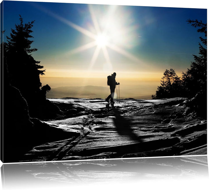 Ski Langläufer auf Berg schwarz/weiss Format: 100x70 auf Leinwand, XXL riesige Bilder fertig gerahmt