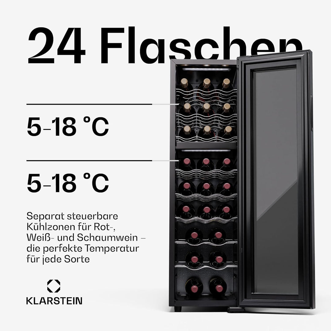 Klarstein Shiraz Weinkühlschrank Schwarz – 24 Flaschen, 2 Zonen | Getränkekühlschrank mit Glastür, f