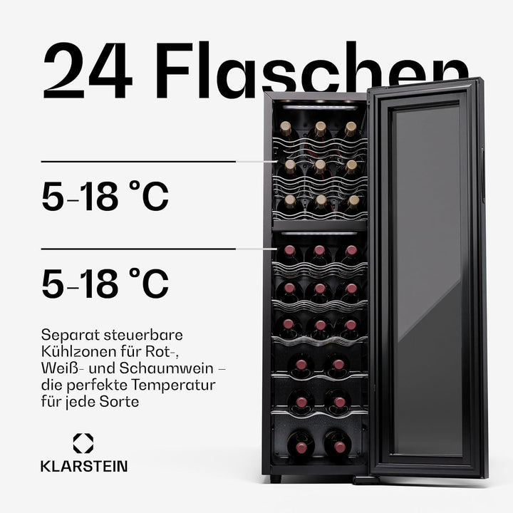 Klarstein Shiraz Weinkühlschrank Schwarz – 24 Flaschen, 2 Zonen | Getränkekühlschrank mit Glastür, f