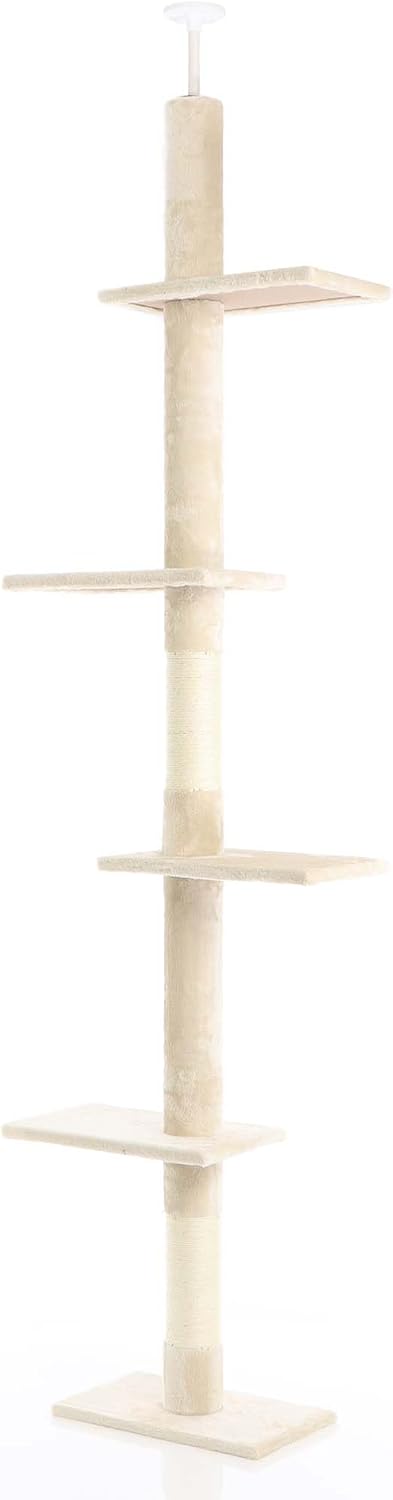 Fudajo Kratzbaum deckenhoch 230–276 cm in Beige, Katzenkratzbaum mit 4 Ebenen, Katzenbaum Deckenspan