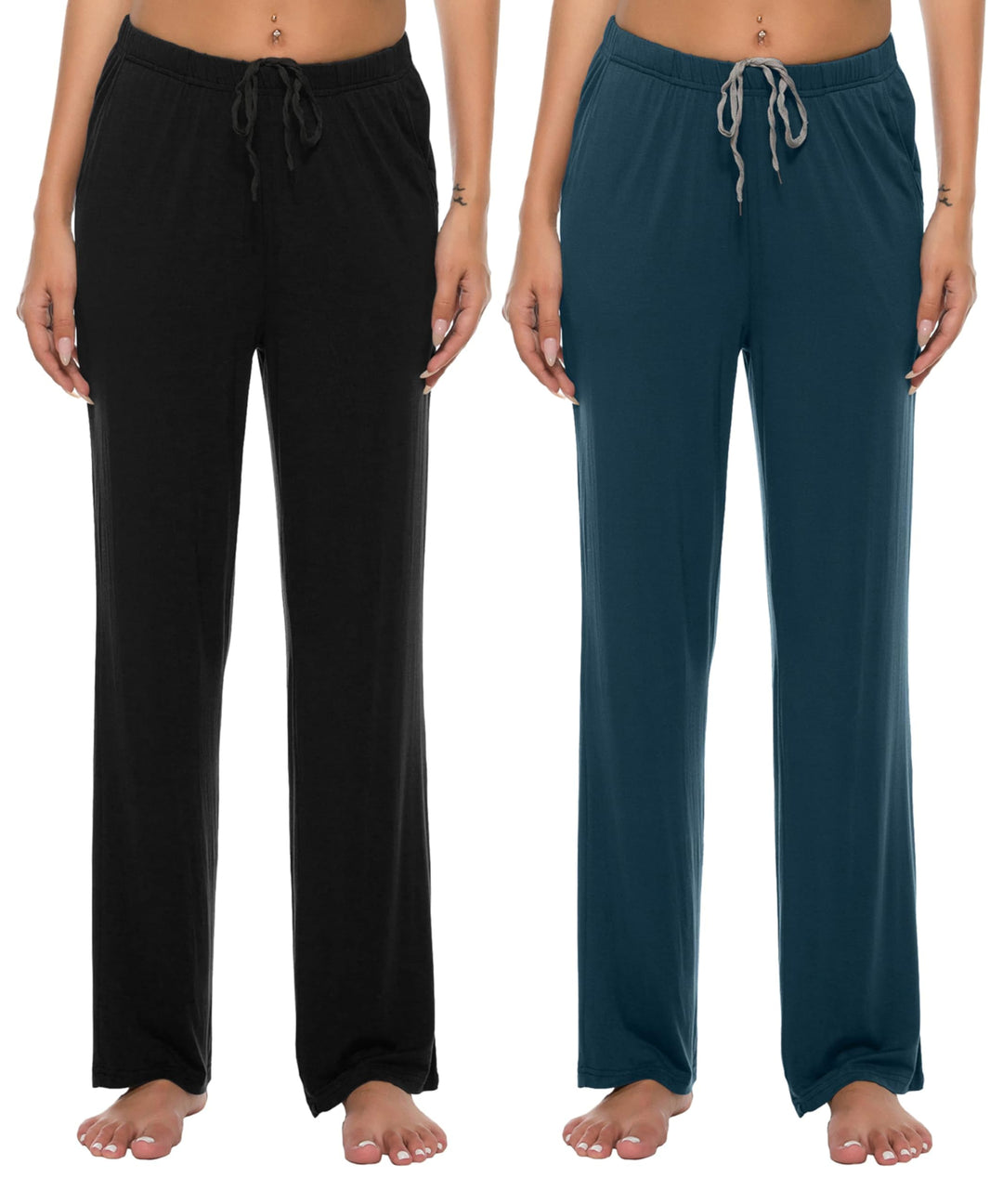 JINSHI Damen Schlafanzughose Lang Pyjamahose Weich Modal Nachtwäsche Freizeithose S Schwarz+blau, S