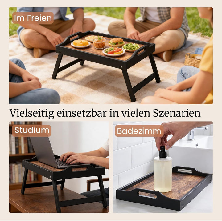 Fibogollo Holztablett mit klappbaren Beinen und Griff, Frühstückstablett, Serviertablett für Speisen