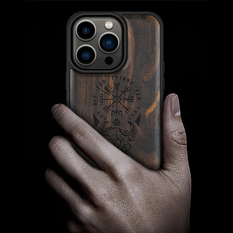 Carveit Holz Cover für iPhone 15 Pro hülle, Kompatibel mit Magsafe Silikon Stossfeste Cover, Magneti