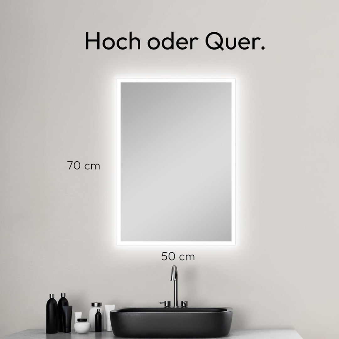 Talos Badspiegel mit Beleuchtung - Badezimmerspiegel 50 x 70 cm - LED Spiegel mit Lichtumrahmung - L