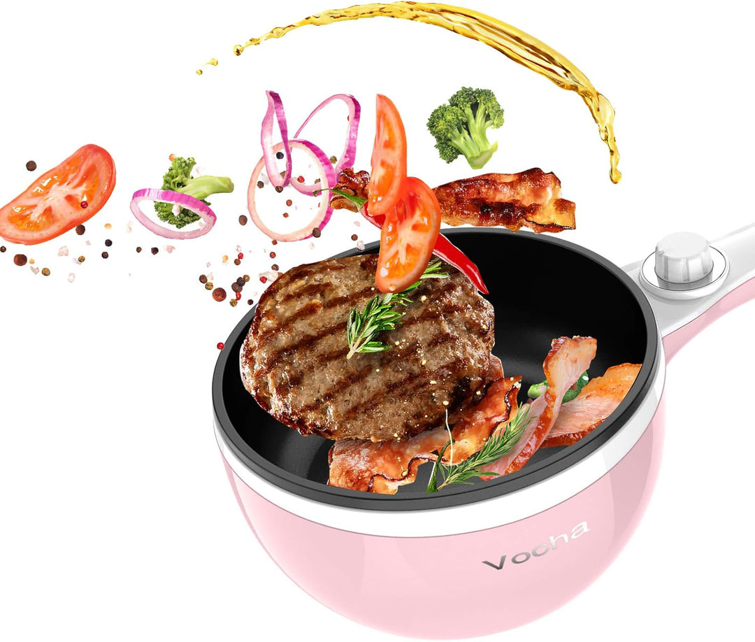 Vocha Elektrische Pfannen, Hot Pot, Antihaft-Bratpfanne Elektropfanne mit Glasdeckel, 1,5 l Mini-tra