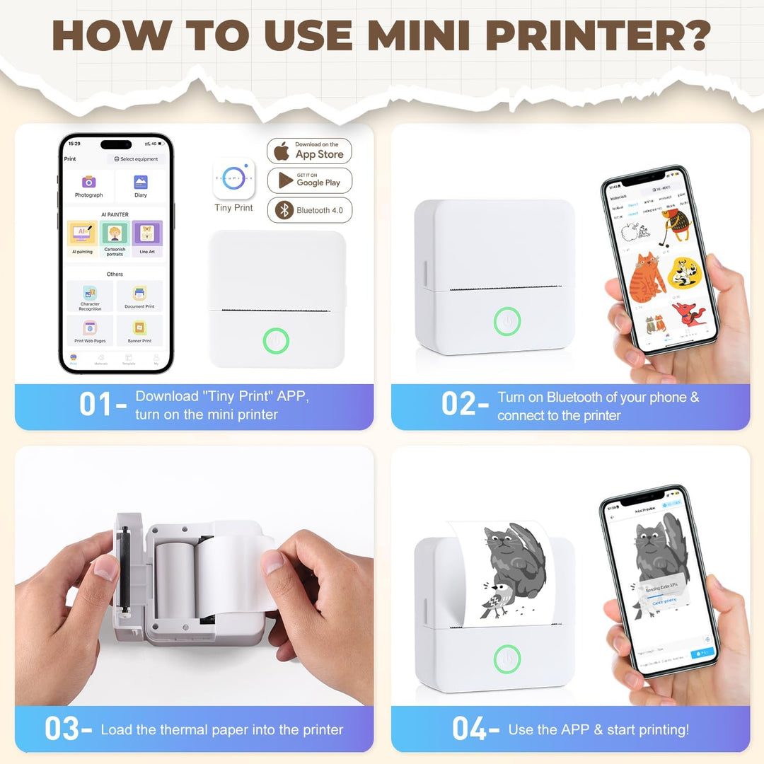 PRAOAHEI Mini Drucker, Tragbarer Fotodrucker mit 10 Rollen Druckerpapier, Bluetooth-Etikettendrucker