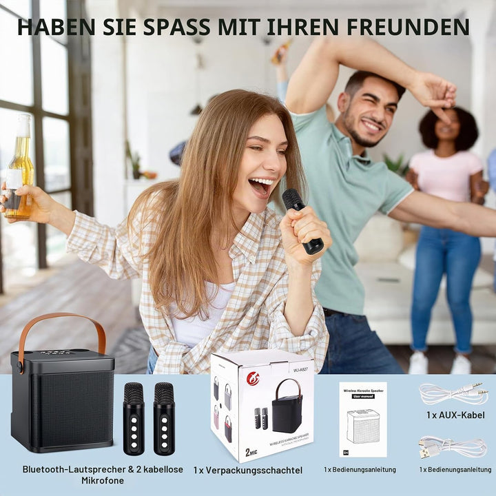 LAMA Karaoke Maschine mit kabellose 2 Mikrofonen Karaoke Anlage, Bluetooth Lautsprecher Box tragbare