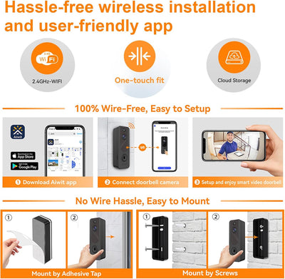 EUNEWR WLAN Video Türklingel mit Kamera, 1080P HD Kabellose Video Doorbell mit Gong ung Akku, 2,4GHz