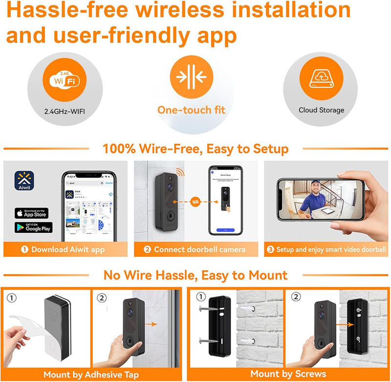 EUNEWR WLAN Video Türklingel mit Kamera, 1080P HD Kabellose Video Doorbell mit Gong ung Akku, 2,4GHz