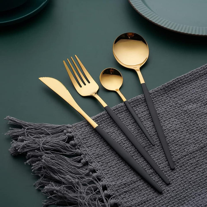 OUQIWEN16 Stück Besteck Schwarz Gold,Edelstahl Besteckset,Einschliesslich Steakmesser/Tafelgabeln/Su