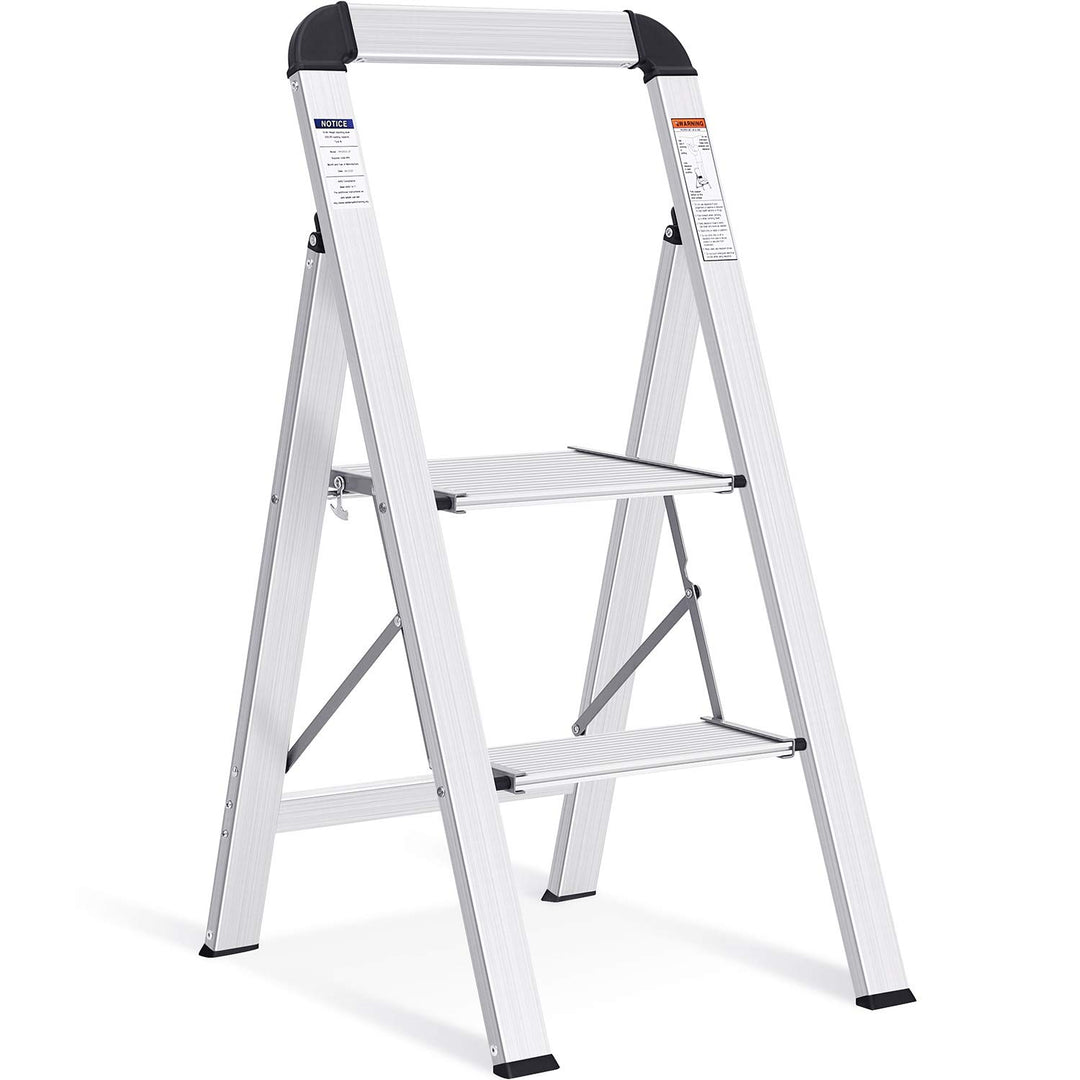 KINGRACK Stufenleiter, Trittleiter 2 Stufen, Klapptrittleiter mit Handlauf, rutschfeste Haushaltslei
