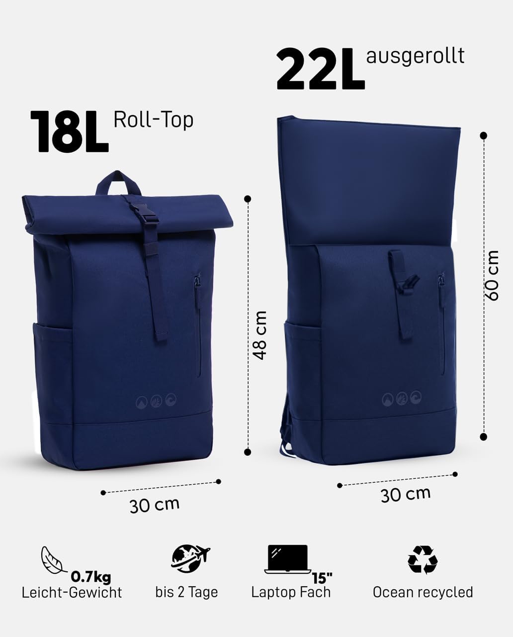 SONS OF ALOHA Roll-Top Rucksack Damen & Herren - NALU Reflektierend gross - Rolltop mit Laptopfach 1