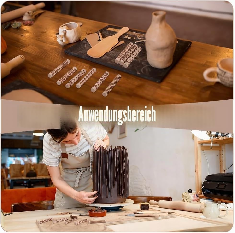 UNICRAFTALE 10 Stück 10 Stile Holz Texturwalzen Set Für Töpferkeramik Stempelroller Werkzeuge 10,2 c