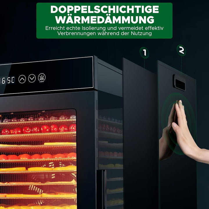 Kwasyo Dörrautomat Edelstahl, Dörrgerät 12 Etagen Ganz in Schwarz, 30-90℃ Temperaturregelung, 24 Stu