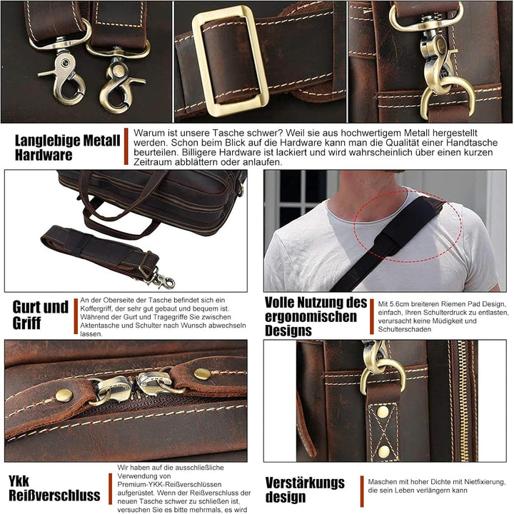 TIDING Laptoptasche 17,3 zoll Leder Aktentasche Herren Vintage Businesstasche Grosse Umhängetasche f